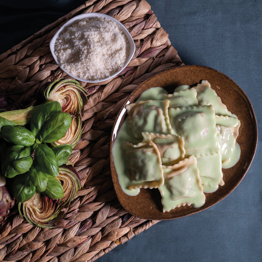 Raviolis artichauts et sa sauce crème ciboulette