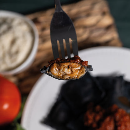 Raviolis aubergines parmeggiana, compotée de tomates