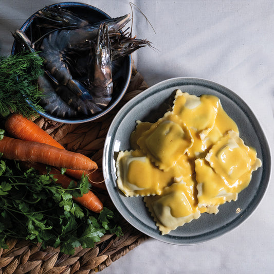 Raviolis gambas et sa bisque de gambas au pastis
