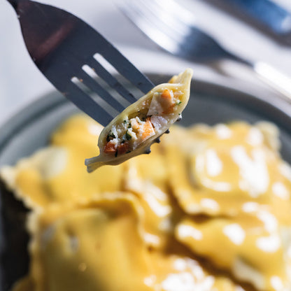 Raviolis gambas et sa bisque de gambas au pastis