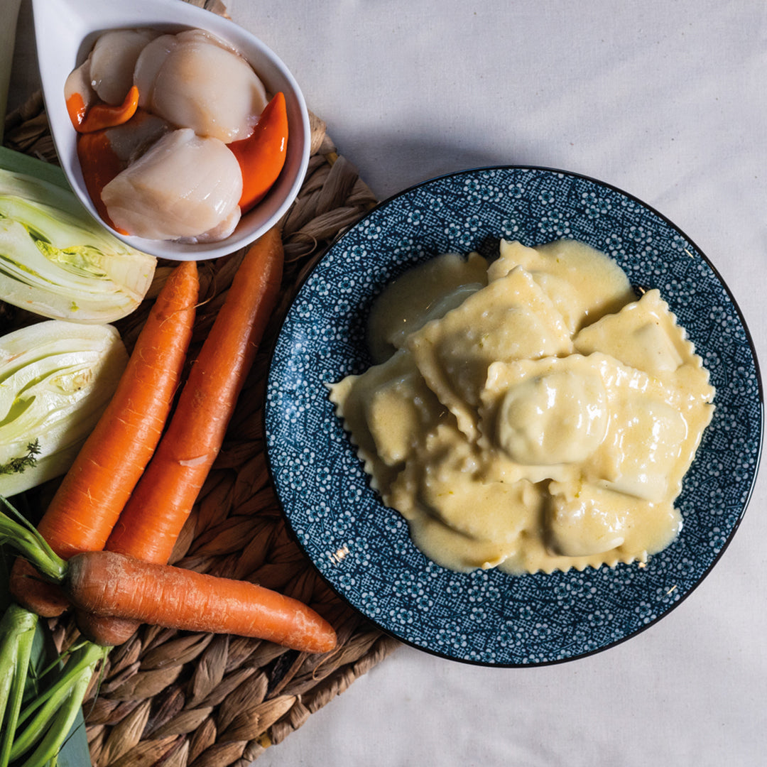 Raviolis St Jacques, beurre blanc citron vert gingembre